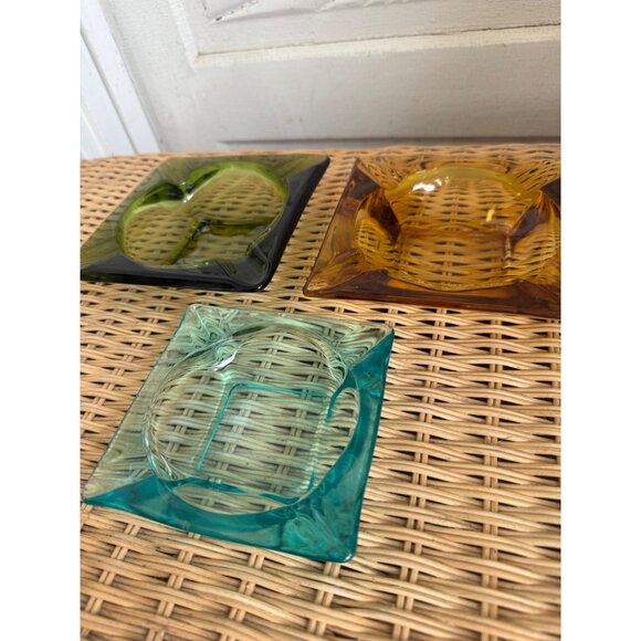 Vintage MCM lot 3 Glass Ashtrays Stacking Blue/Green/Amber - Picture 2 of 11